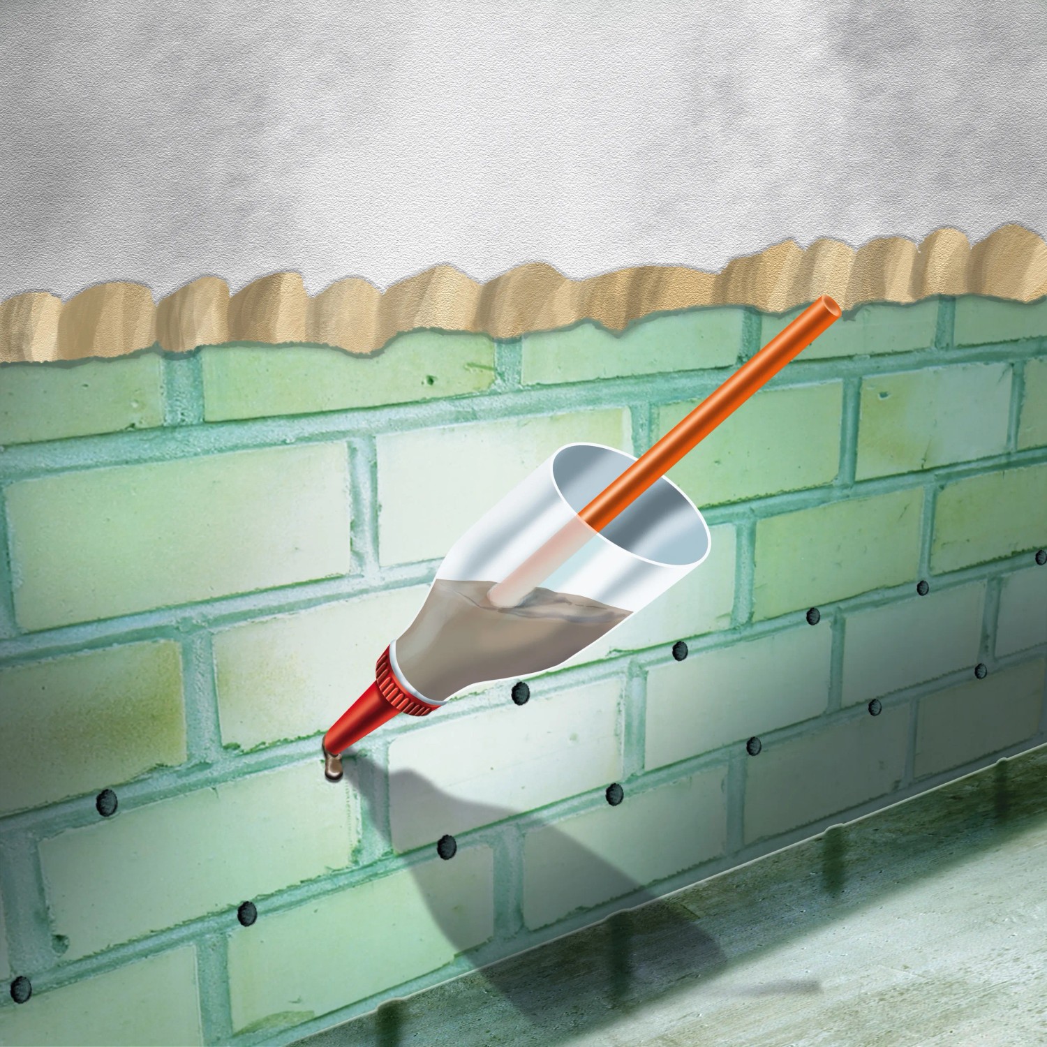 MEM Trockene Wand Injektions-Trichter (6 Stk.) in Anwendung zur Bauabdichtung einer Wand.