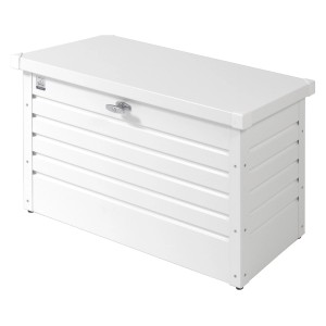 Weiße Biohort Freizeitbox 100: Universalbox aus Metall mit abschließbarem Deckel für Garten und Terrasse.