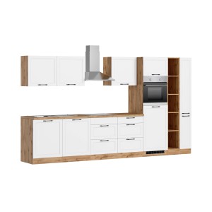 Küchenzeile Kempten 360 cm in Weiß/Wotan mit E-Geräten: Backofen, Kochfeld, Geschirrspüler und Dunstabzugshaube.