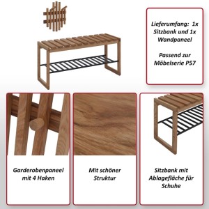 Garderobenset P57 aus Eiche: Sitzbank mit Schuhablage und Wandpaneel mit Haken.