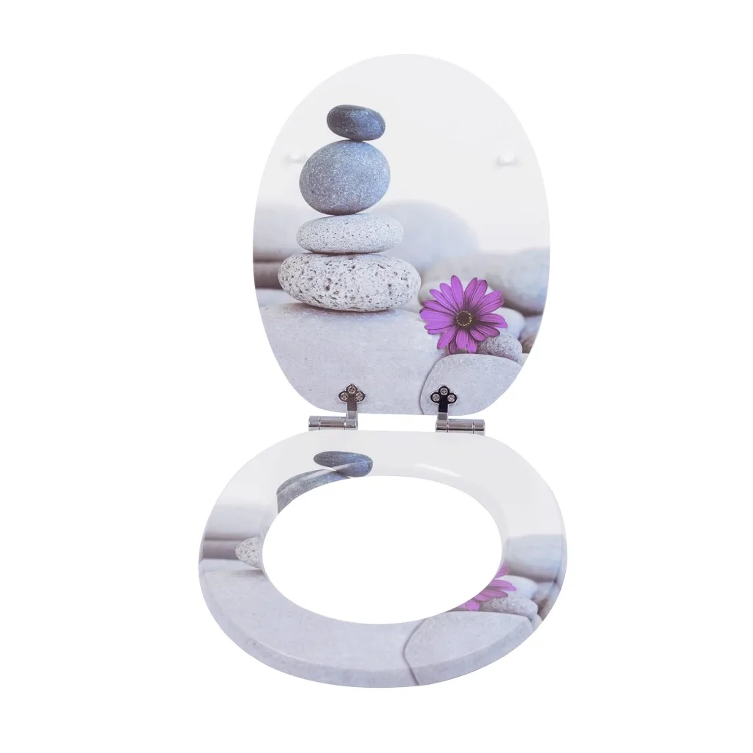 Sinobath WC-Sitz Oval mit Softclosing. Zen Wellness Design: gestapelte Steine und lila Blume.