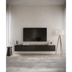 Schwarzes Selsey TV-Hängeboard Bemmi 200 cm, schwebend an der Wand. Modernes TV-Möbel mit Stauraum im Wohnzimmer.