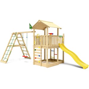 Jungle Gym Spielturm Chateau Holz m. Schaukel Kletterbock und Rutsche Gelb