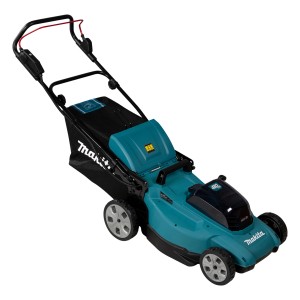 Makita Akku-Rasenmäher DLM480CT2: Rasenmäher mit Akku und Fangkorb in Türkis und Schwarz.