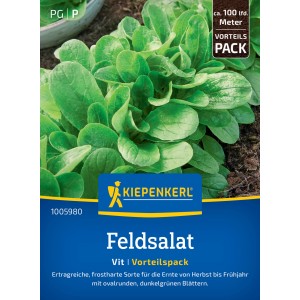 Kiepenkerl Feldsalat Vit Vorteilspack mit frischen, grünen Blättern auf der Verpackung.