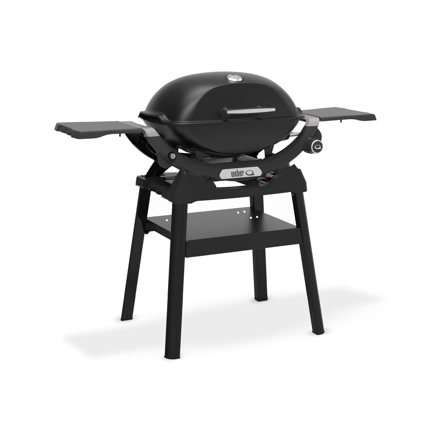 Schwarzer Weber Gasgrill Q2200N mit Stand, Aluguss, Deckelthermometer und Seitentischen.