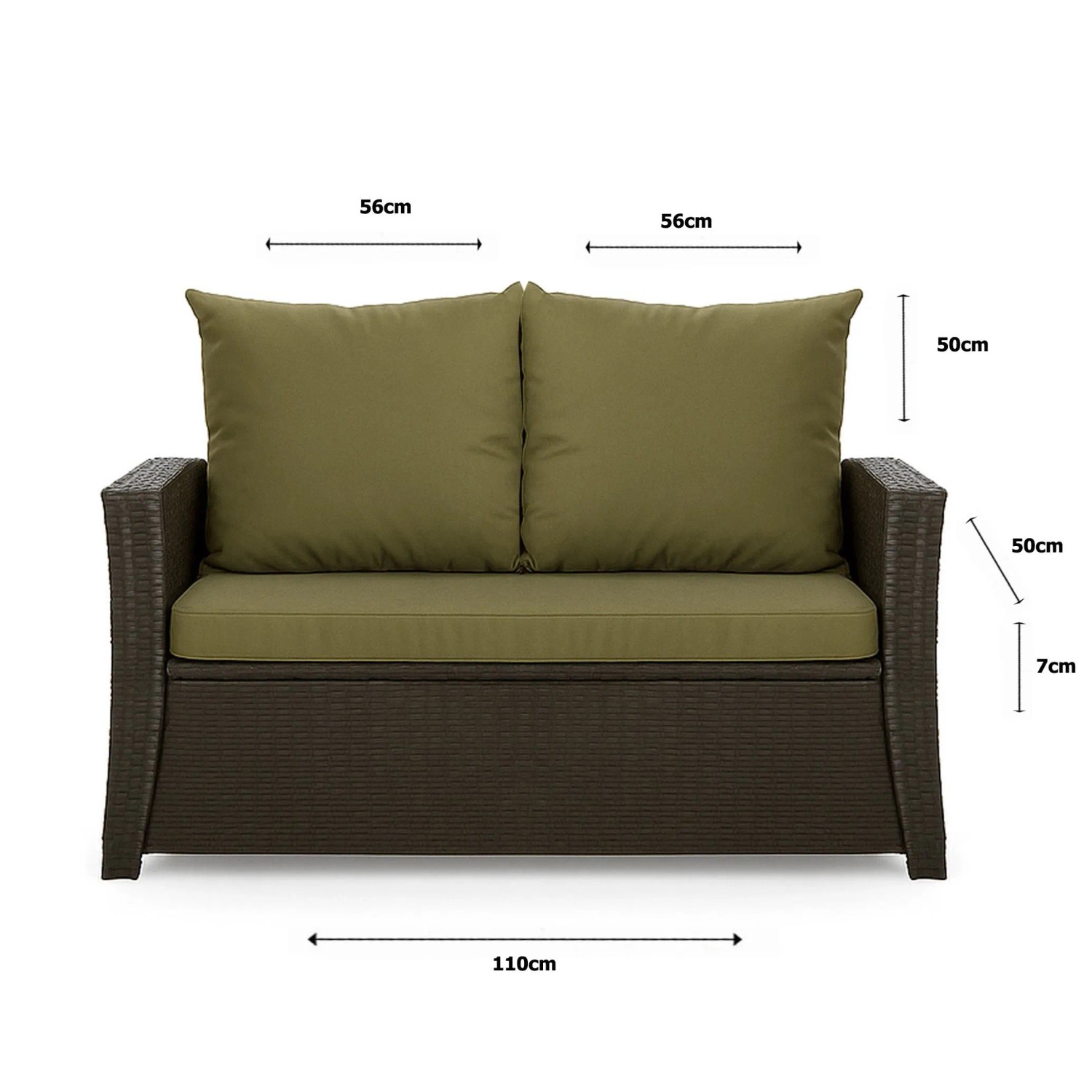 Grünes Gartenkissen-Set für 2-Sitzer Polyrattan-Gartensofa, 110x50x50 cm.