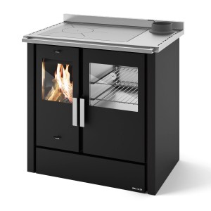 Schwarzer Blaze Küchenherd Elvira 8 kW mit Kochplatte, Backrohr und Holzfach. Kaminofen für Holz und Kohle.