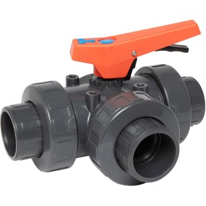 Steinbach PVC 3-Wege-Kugelhahn für Pool Verrohrung, grau mit orangem Griff.