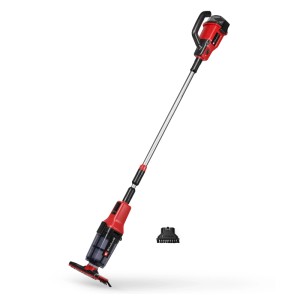 Roter Einhell Akku-Poolsauger mit Teleskopstange, breiter Saugplatte und Bürste für effiziente Poolreinigung.