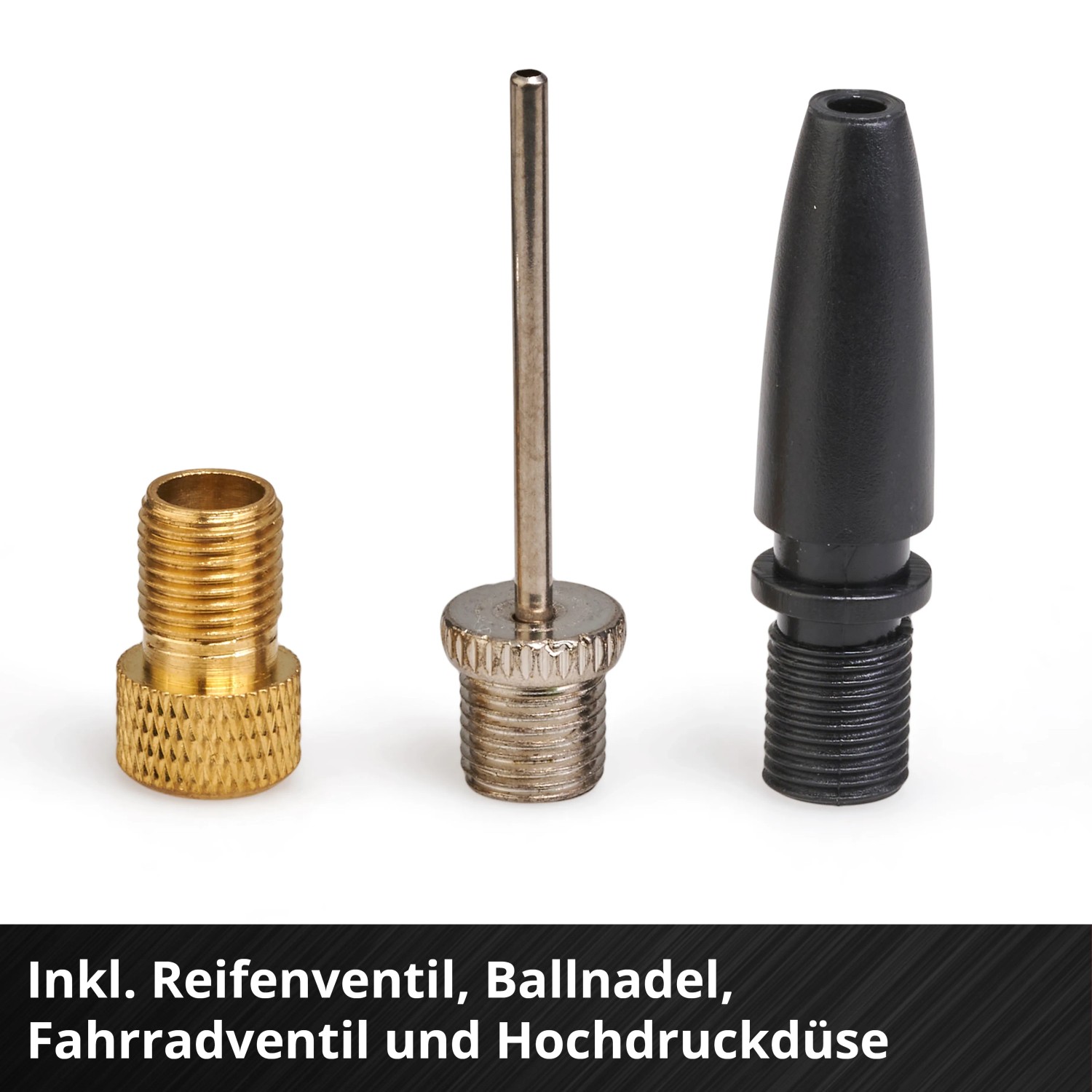 Zubehör für Einhell Akku-Autokompressor: Reifenventil, Ballnadel, Fahrradventil und Hochdruckdüse.