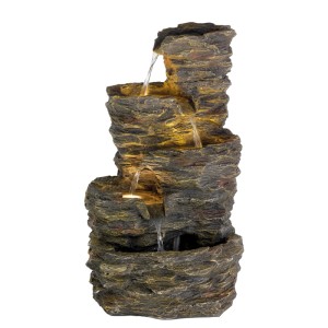 Beiger Lumineo Gartenbrunnen aus GRC mit warmweißem Licht für den Außenbereich.