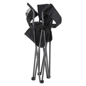 Zusammengeklappter, schwarzer Campingstuhl Atana mit Getränkehalter. Ideal für Camping & Outdoor.