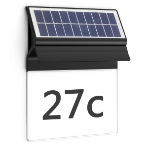 Philips Enkara Solar-Wandleuchte mit Hausnummer 27c und Solarpanel.