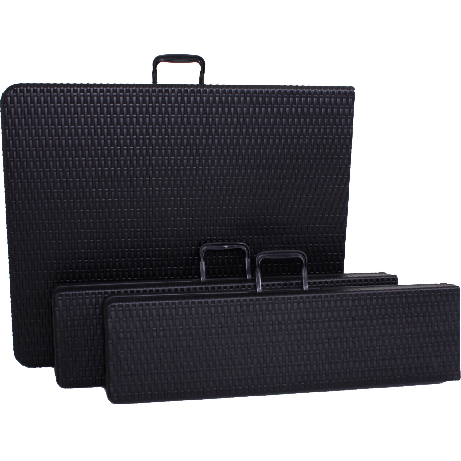 Zusammengeklapptes, schwarzes 3-teiliges Balkonmöbel-Set Ventana in Rattanoptik.