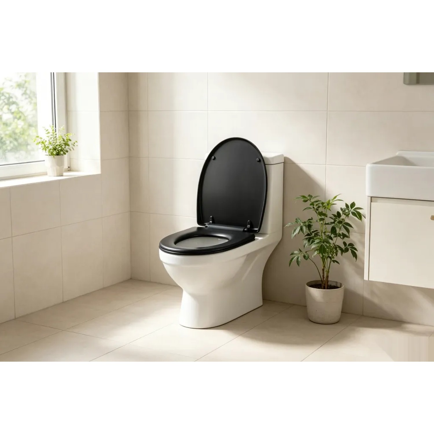 Sinobath O-Form WC-Sitz schwarz aus lackiertem MDF mit Absenkautomatik auf weißer Toilette im Bad.