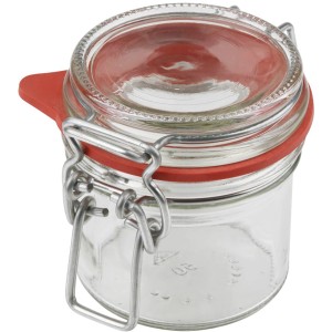 Dr. Oetker Bügelverschlussglas, 135ml, transparent, mit rotem Gummiring und Metallbügel.
