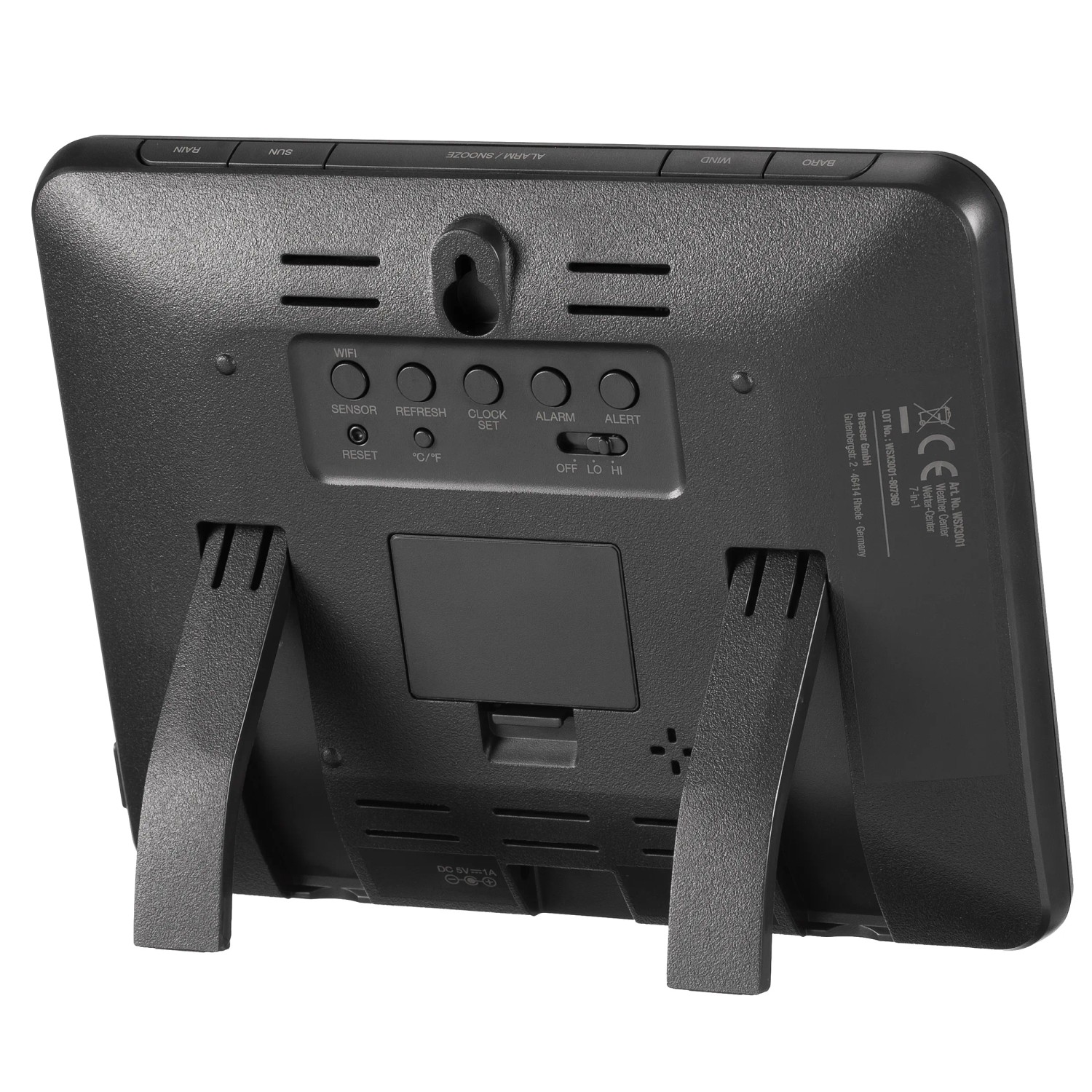 Rückansicht der Bresser WLAN-Wetterstation Profi 7-in-1 mit Standfuß.