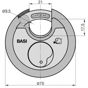 Technische Zeichnung Basi Rundbügel Vorhangschloss Set, 70mm, Maße und Details.
