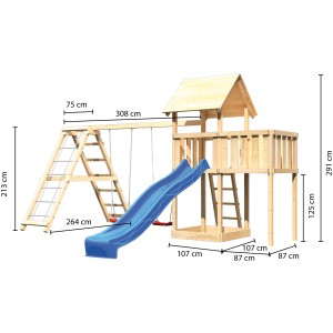 Karibu Spielturm Lotti mit Doppelschaukel, Klettergerüst und blauer Rutsche aus naturbelassenem Holz.