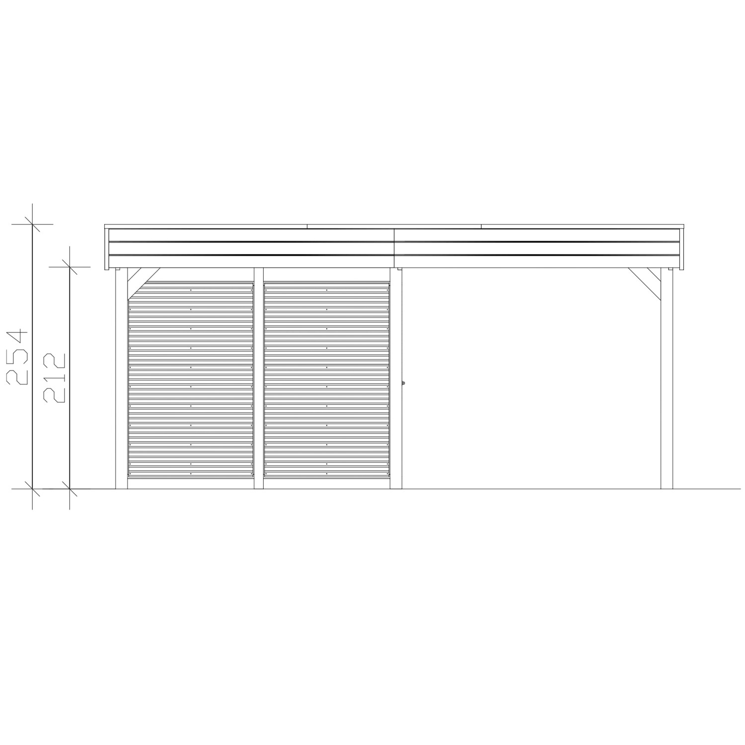 Skizze Carport Friesland Hybrid Nussbaum 557x708cm mit Abstellraum und Aluminiumwänden.