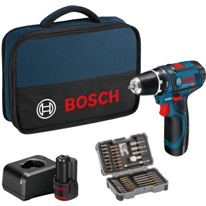 Bosch Professional GSR 12V-15 Akku-Bohrschrauber mit Akkus, Ladegerät und 43-teiligem Bit-Set in Tasche.