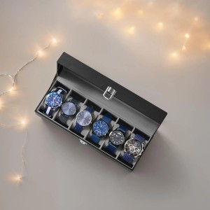 Schwarze Songmics Uhrenbox Bridie mit 6 blauen Uhren in Fächern. Aufbewahrungsbox mit Glasdeckel.