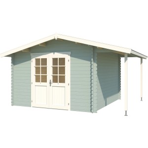 Lasita Holz-Gartenhaus Tulsa, gletschergrün mit Anbaudach. Gartenhaus mit Doppeltür.