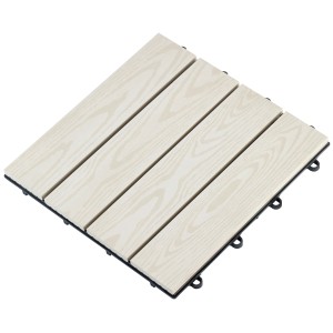 Weiße WPC Klick-Fliese (30x30 cm) mit Holzstruktur für Terrasse & Balkon.