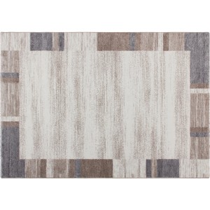 Kayoom Teppich Falkland Darwin, beige-silberner Kurzflorteppich mit Patchwork-Rahmen, 160x230 cm.