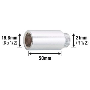 Verchromte Hahnverlängerung aus Messing, 18,6 mm x 21 mm, 50 mm lang, für Gewindefittings.