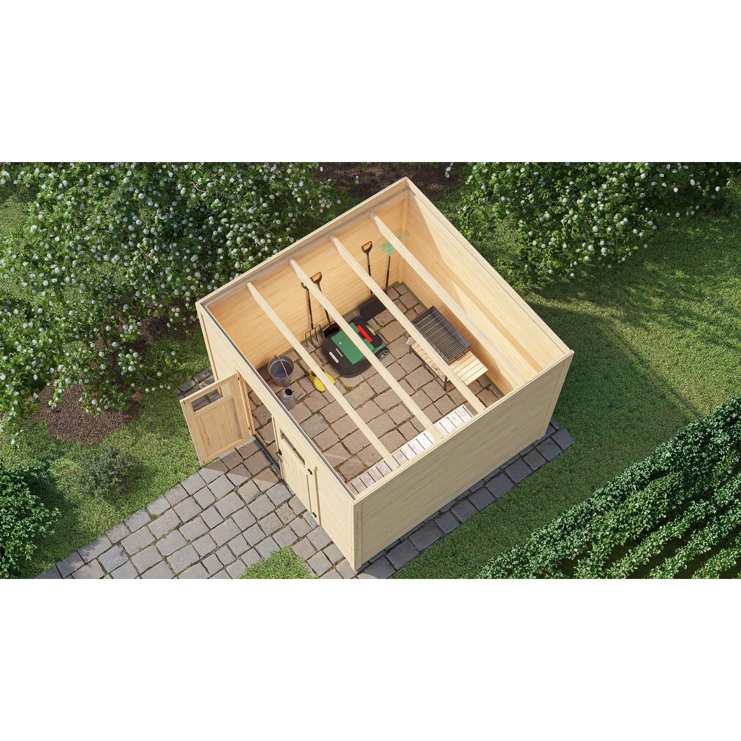 Weka Gartenhaus Batu 3 mit Flachdach und Doppeltür, dunkelgrau, 300x300 cm, von oben.