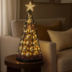 Schwarzer Deko-Baum aus Metall (60 cm) mit goldenen Kugeln und Stern als Weihnachtsdekoration.