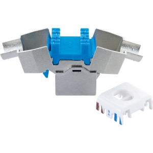 Schwaiger Keystone CAT8 Modul, werkzeuglos, für Netzwerktechnik. Silberfarbenes Gehäuse mit blauen und weißen Details.