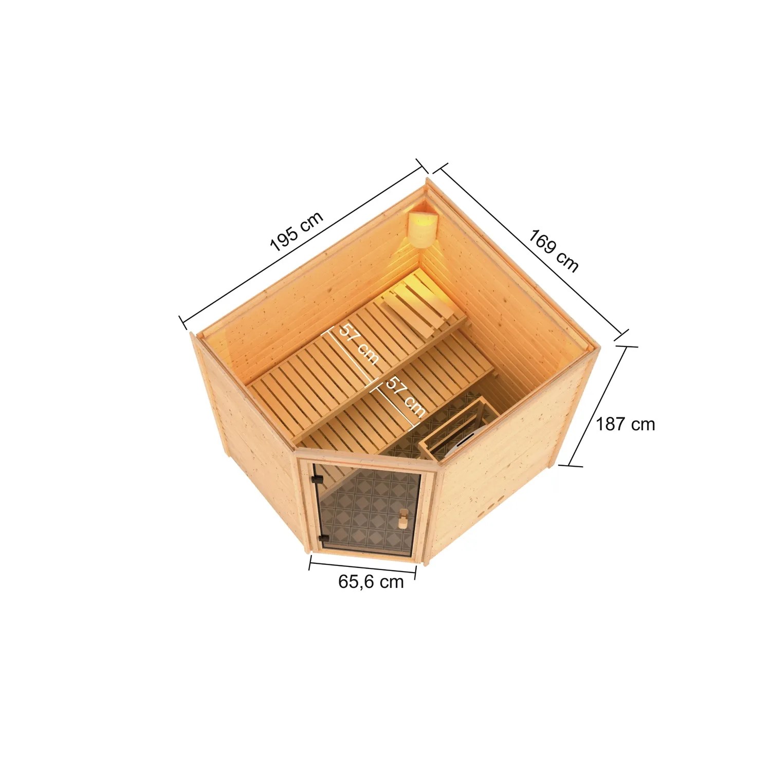 Karibu Sauna Elea Set, naturbelassen, mit Ofen, Innenansicht mit Maßen. Massivholzsauna für entspannte Stunden.