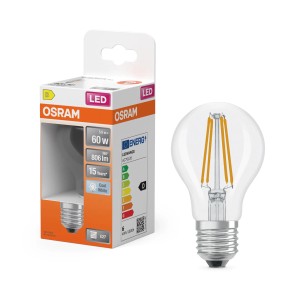 Osram E27 LED-Lampe in Glühlampenform, 5,9W, 806lm, Neutralweiß, Klar, mit Verpackung.