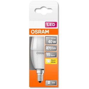 Osram LED-Leuchtmittel E14 Kerzenform, 4,9W, warmweiß, 470lm. Detailaufnahme der Verpackung.