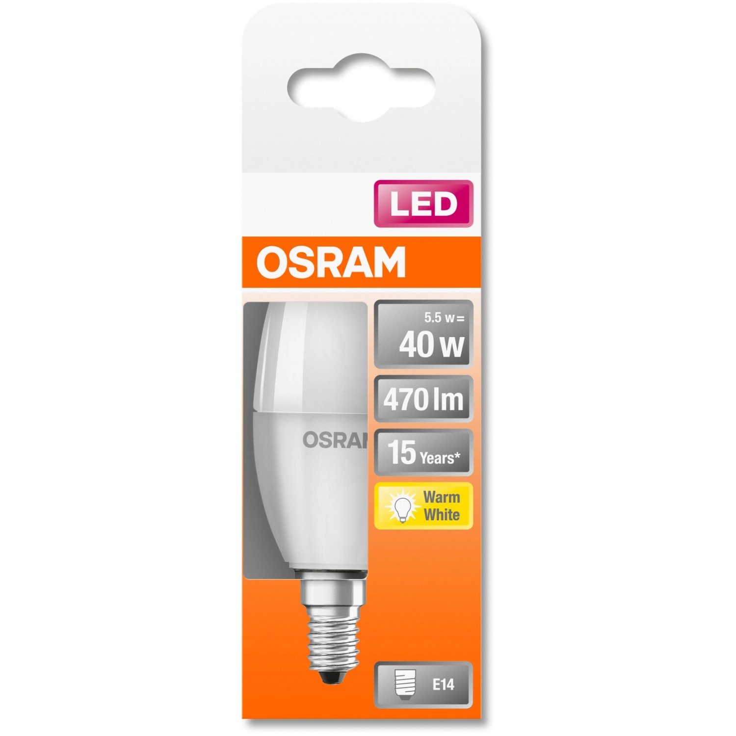 Osram LED-Leuchtmittel E14 Kerzenform, 4,9W, warmweiß, 470lm. Detailaufnahme der Verpackung.