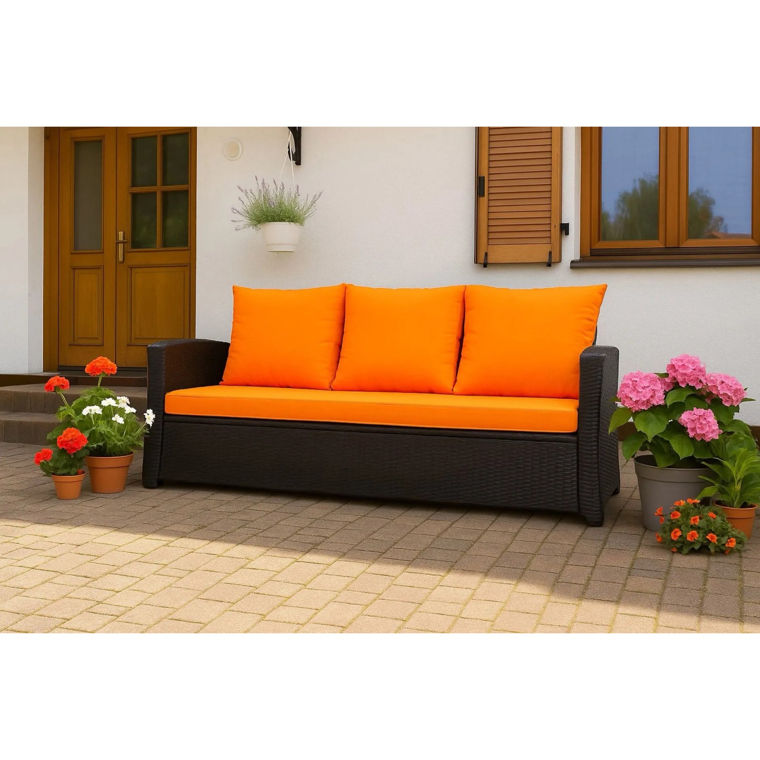 Orangefarbenes Gartenkissen-Set für 3-Sitzer Polyrattan Gartensofa, 170x60x50 cm.