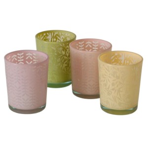 Windlicht Elora, 4-fach sortiert, aus Glas in Gelb, Rosa, Grün. Teelichthalter mit floralem Muster.