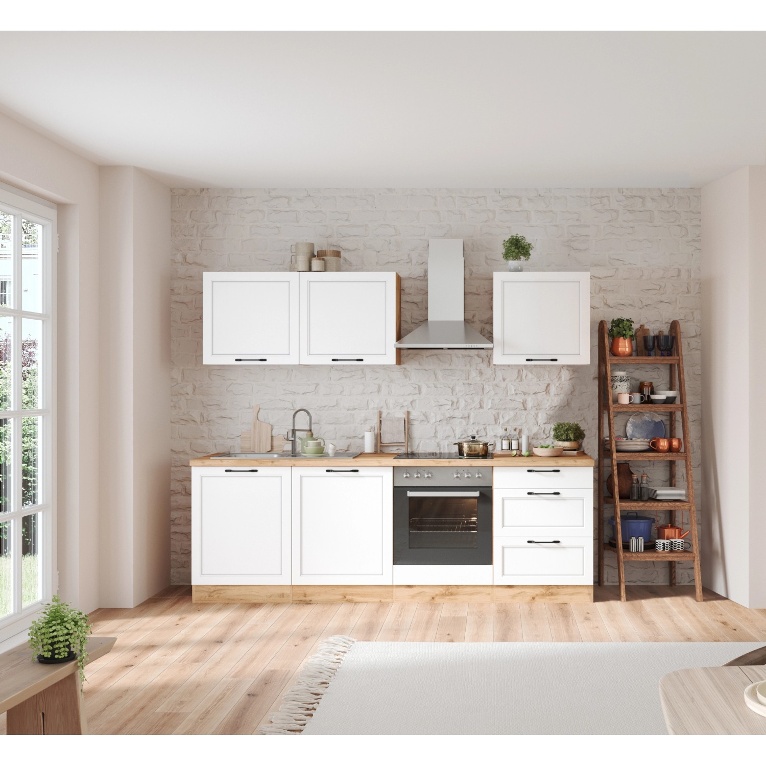 Moderne Held Küchenzeile Kempten 240 cm in Wotan Eiche/Weiß mit E-Geräten.