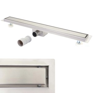 MCW Duschrinne 110cm aus Edelstahl mit Siphon und Zubehör für den Bodenablauf.