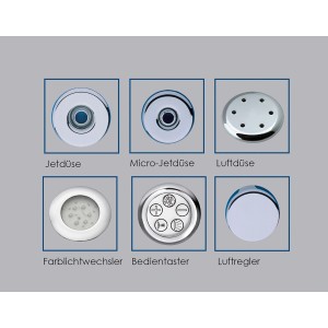 Details des Ottofond Whirlpool-Komplettsets: Düsen, Farblichtwechsler, Bedienelemente.