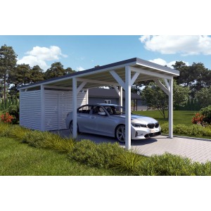 Holzbrüder Carport Ralf mit Geräteraum, reinweiß und dunkelgrauem Dach. Auto steht im Carport.