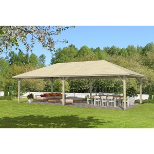 Skan Holz Pavillon Orleans 4, naturbelassener Holz-Pavillon mit Sitzbereich und Esstisch im Garten.