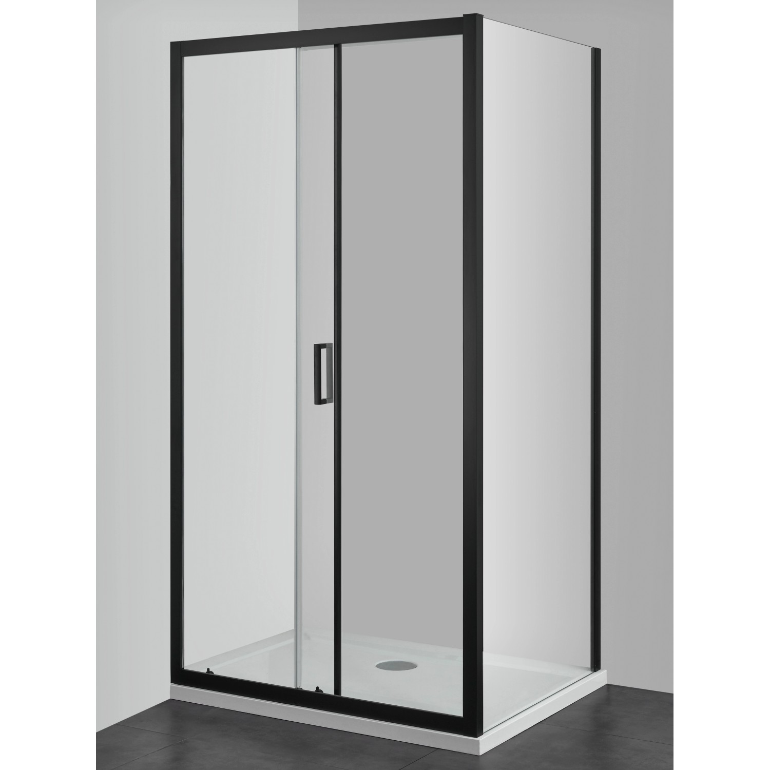 Sanotechnik Seitenwand Elite F80B Schwarz für Duschkabine mit schwarzem Rahmen und klarem Glas.