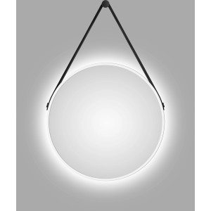 Runder LED-Lichtspiegel Silver Barbier, Ø 50 cm, weiß matt mit Lederband.