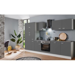 Moderne Menke Küchenzeile White Classic 310 cm in Graphit-Weiß mit E-Geräten.