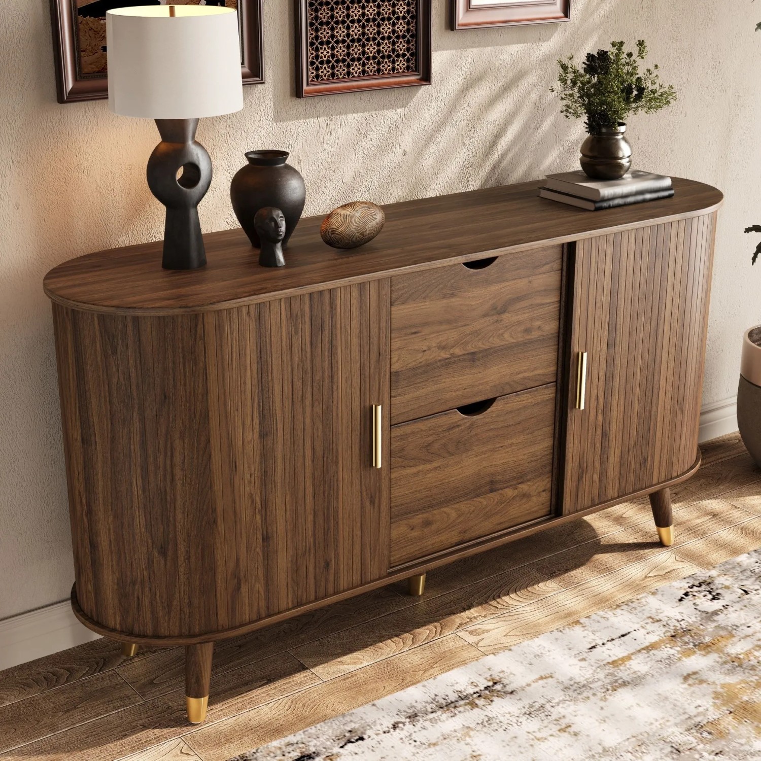 okwish Sideboard mit 2 Schiebetüren 2 Schubladen Wohnzimmer 140x79.5x40cm Braun_3