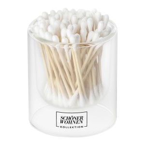 Schöner Wohnen Wattestäbchen im Glasbehälter. Badaccessoire mit Holzstäbchen und Wattepads.